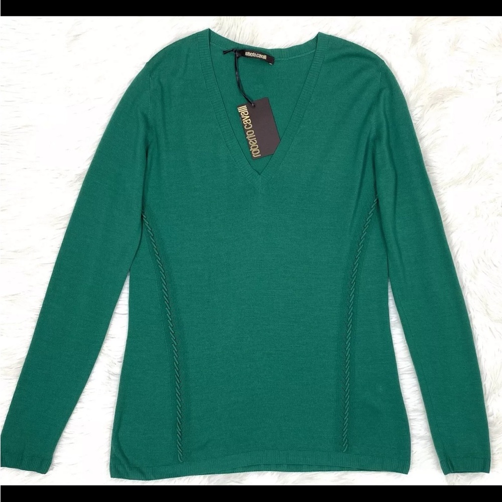 Roberto Cavalli 100% Wool Lightweight Knit Green Sweater Crochet Details Sz 46/L
